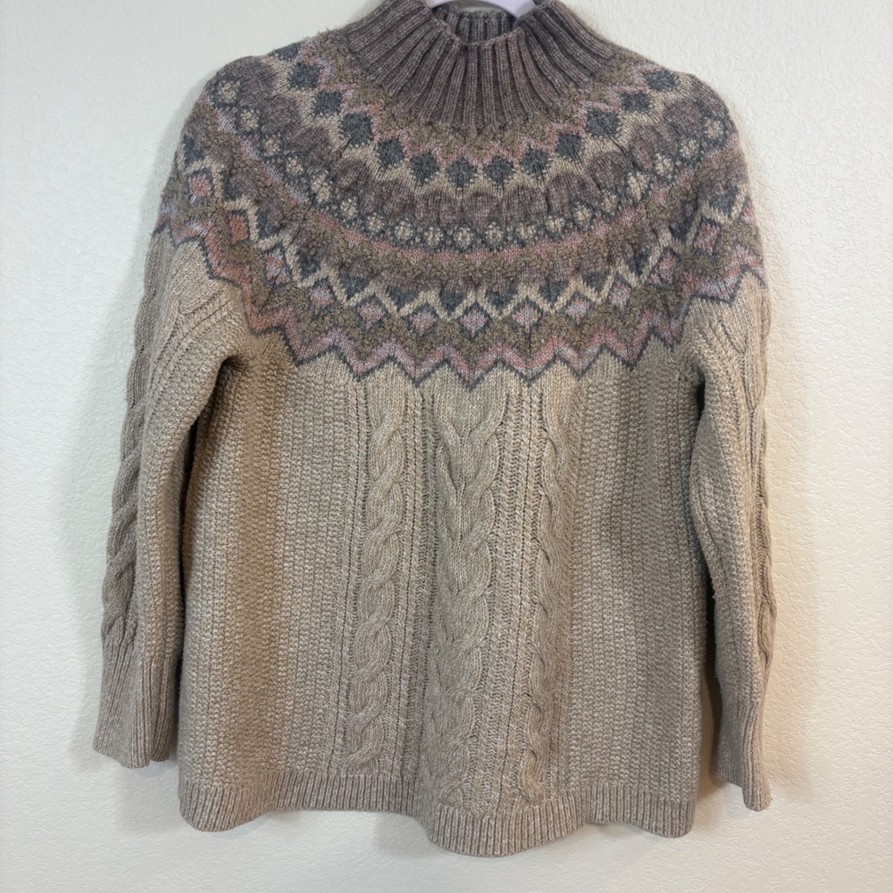Chico's Sweater Women L Beige Fair Isle Cable Knit Mock Neck Pullover Boho Cozy